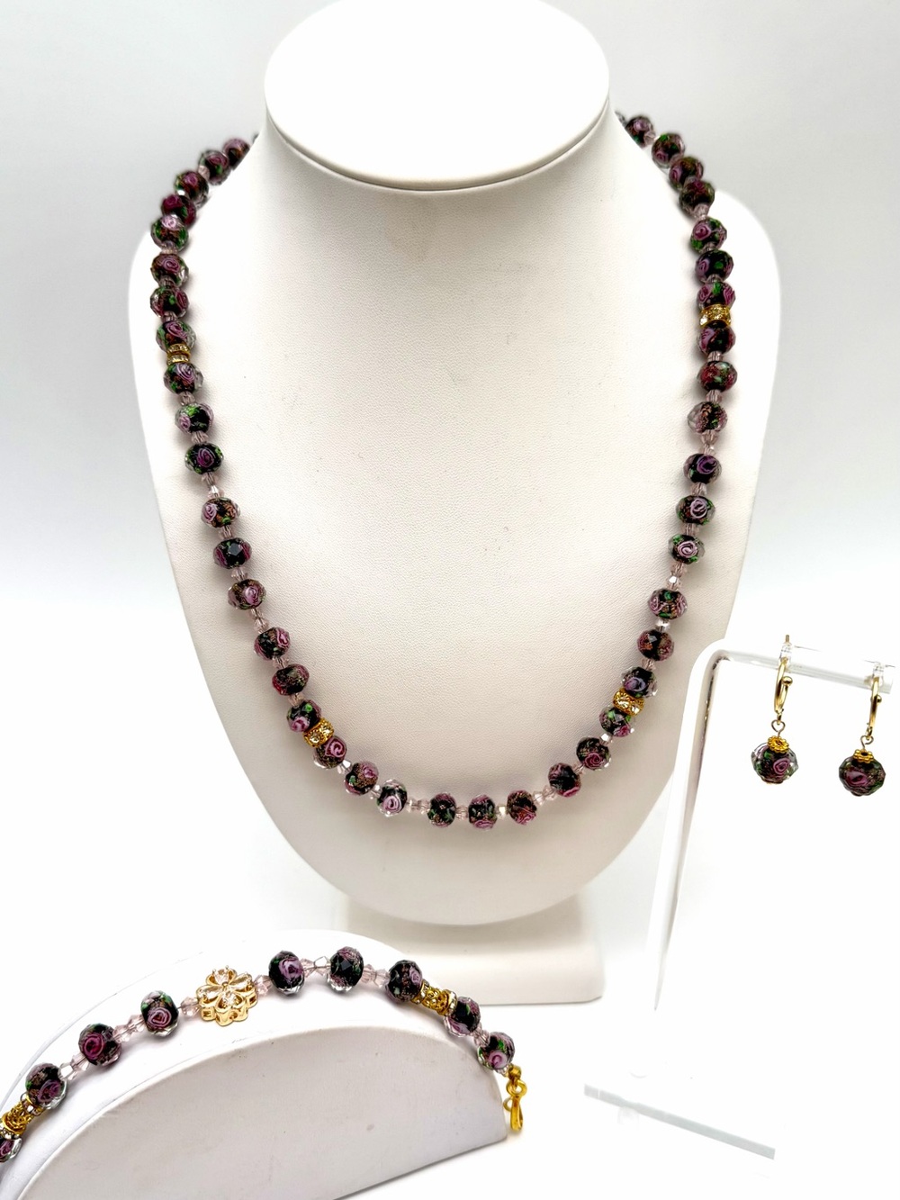 Artisan Black and Pink Encased Floral Design Lampwork Glass Beaded Set (5) - Picture 12 of 12